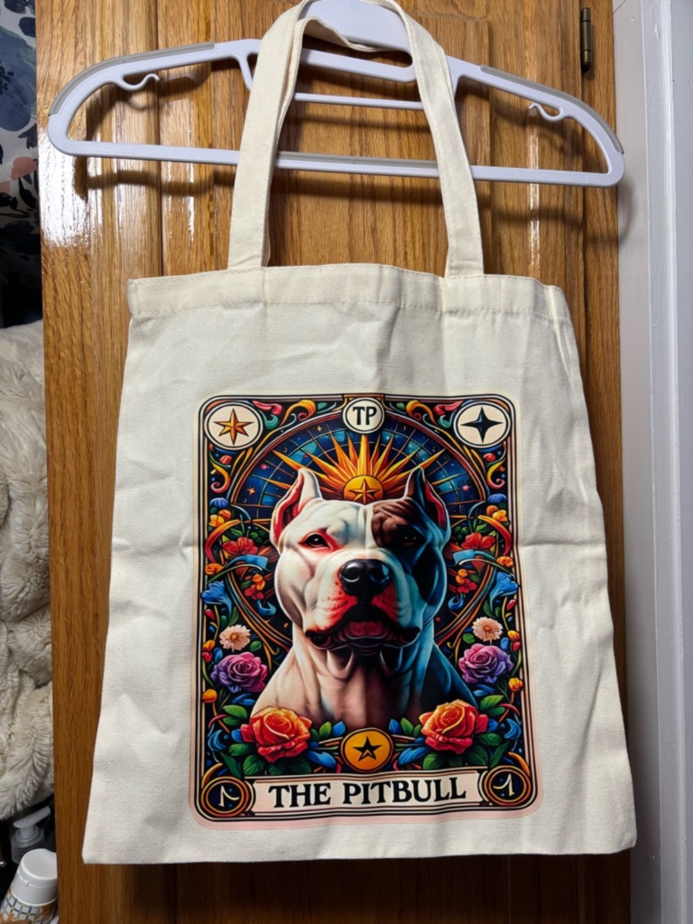 The Pitbull Canvas Tote Bag - Cream with Decorative Dog Art